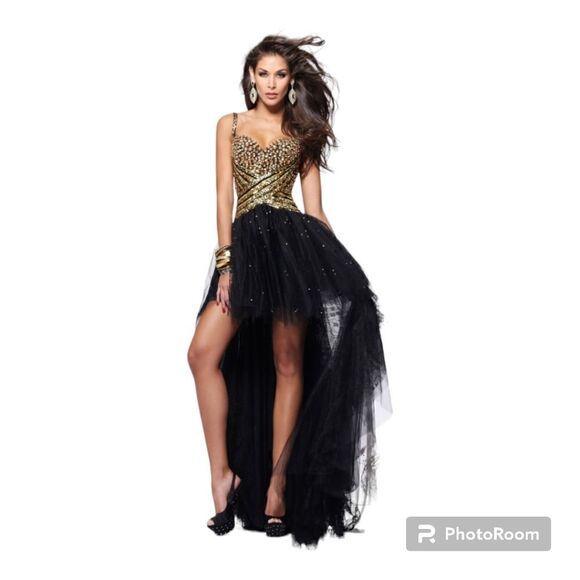 Sherri Hill Black & Gold Rhinestone Prom Dress Elegant Evening Gown - Picture 1 of 17